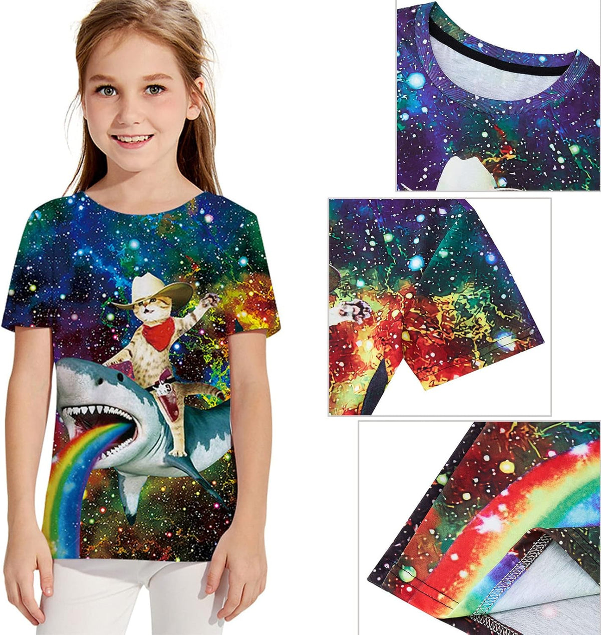 Boys Cowboy Cat on Shark Graphic Tees for Kids Cute Outfits Motley Color Fun T-Shirts for Teen Boys Girl Tops Youth Beach Shirts Fit Tee Size 6-8T