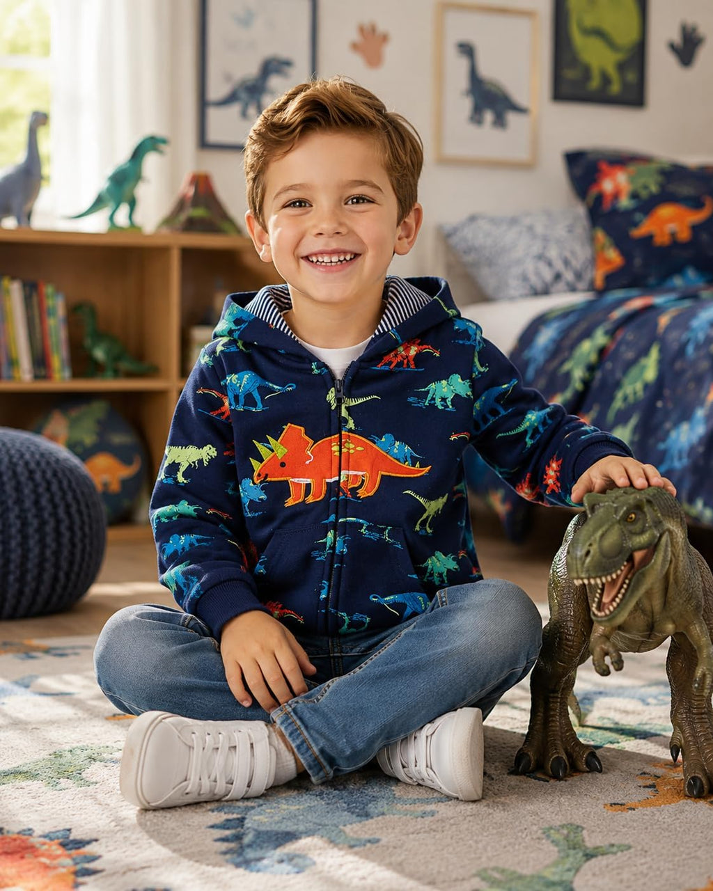 Boys Toddler Cartoon Dinosaur Hoodies Jacket Cool Long Sleeve Zipper Hooded Sport Sweatshirt Coat for Kids 1-7 Years