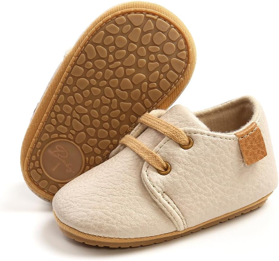 Baby Boys Girls Lace up Leather Sneakers Soft Rubber Sole Infant Moccasins Newborn Oxford Loafers Anti-Slip Toddler Wedding Uniform Dress Shoes