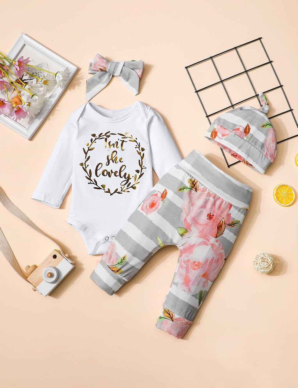 Newborn Baby Girl Clothes Hi I'M New Here Newborn Outfit Infant Romper Floral Pants Cute Baby Girl Outfits 4PC Set