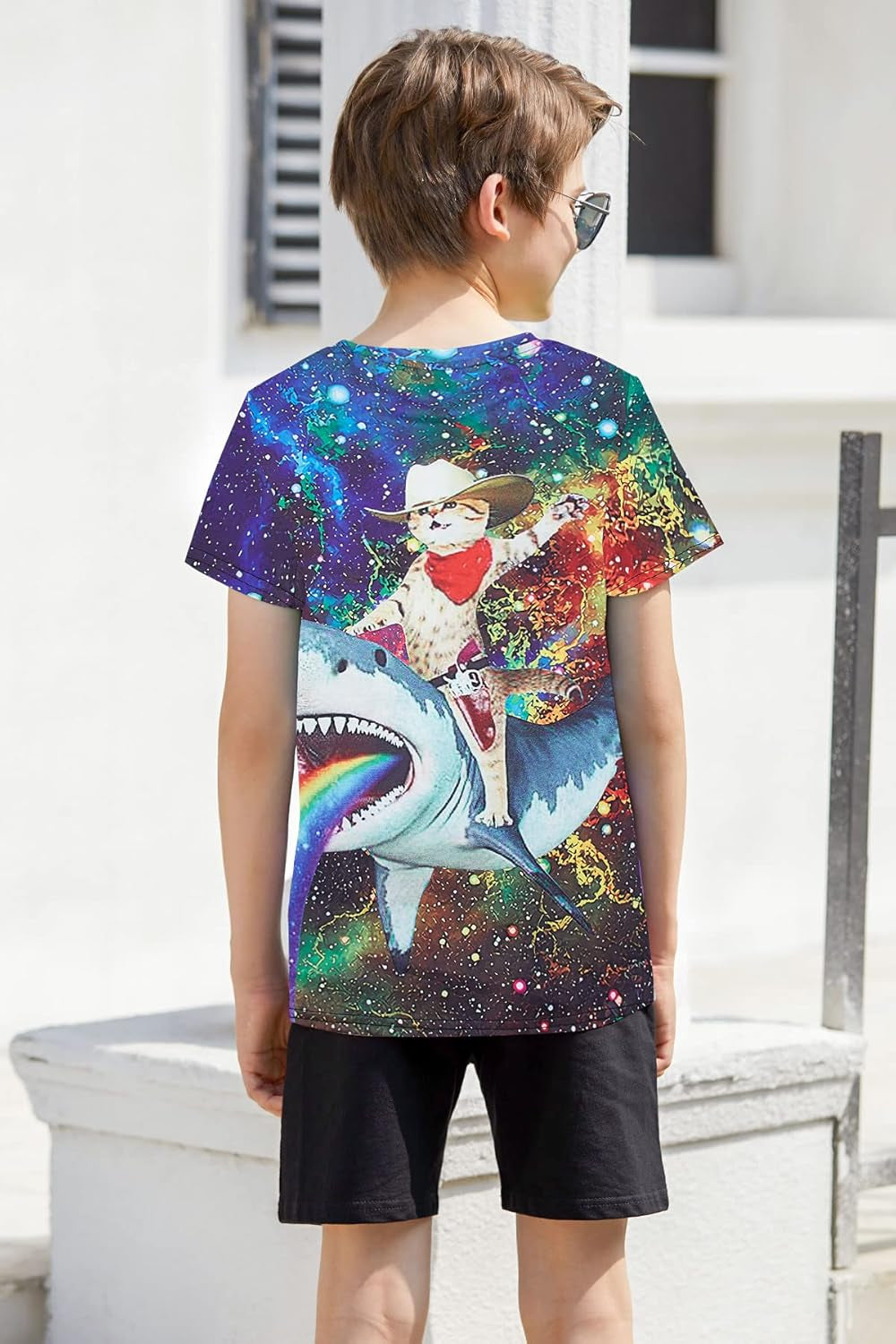 Boys Cowboy Cat on Shark Graphic Tees for Kids Cute Outfits Motley Color Fun T-Shirts for Teen Boys Girl Tops Youth Beach Shirts Fit Tee Size 6-8T
