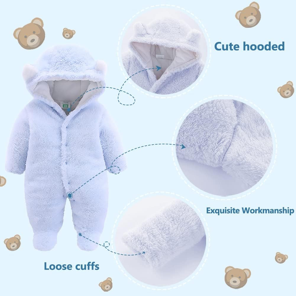 Baby Newborn Snowsuit Winter Hooded Footie Fleece Jumpsuit for Infant Girls Boys