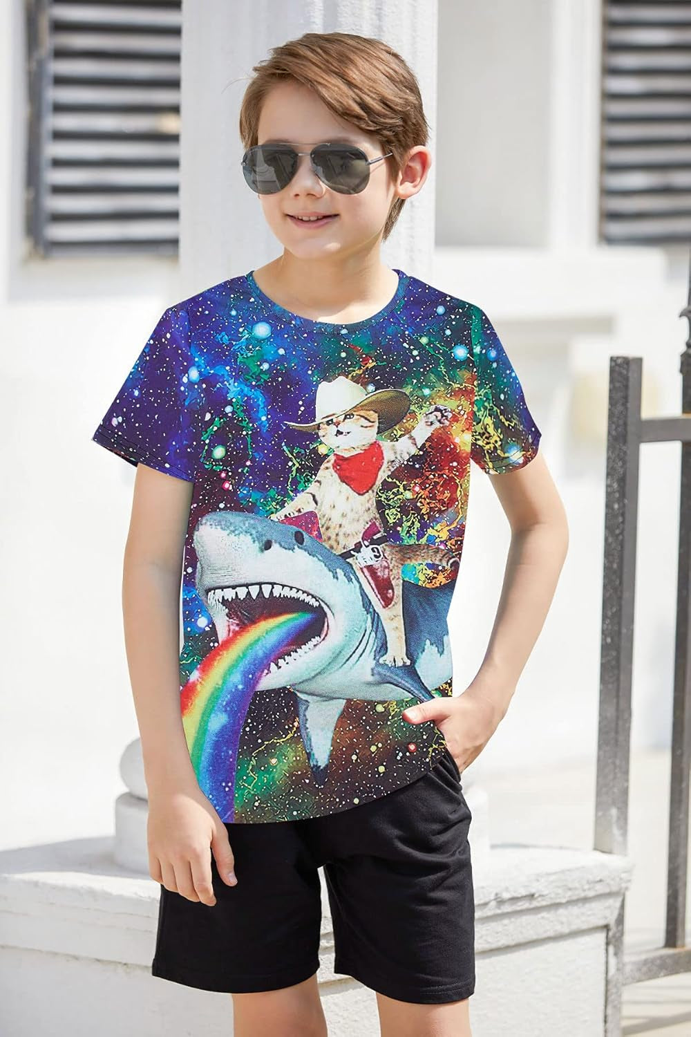Boys Cowboy Cat on Shark Graphic Tees for Kids Cute Outfits Motley Color Fun T-Shirts for Teen Boys Girl Tops Youth Beach Shirts Fit Tee Size 6-8T