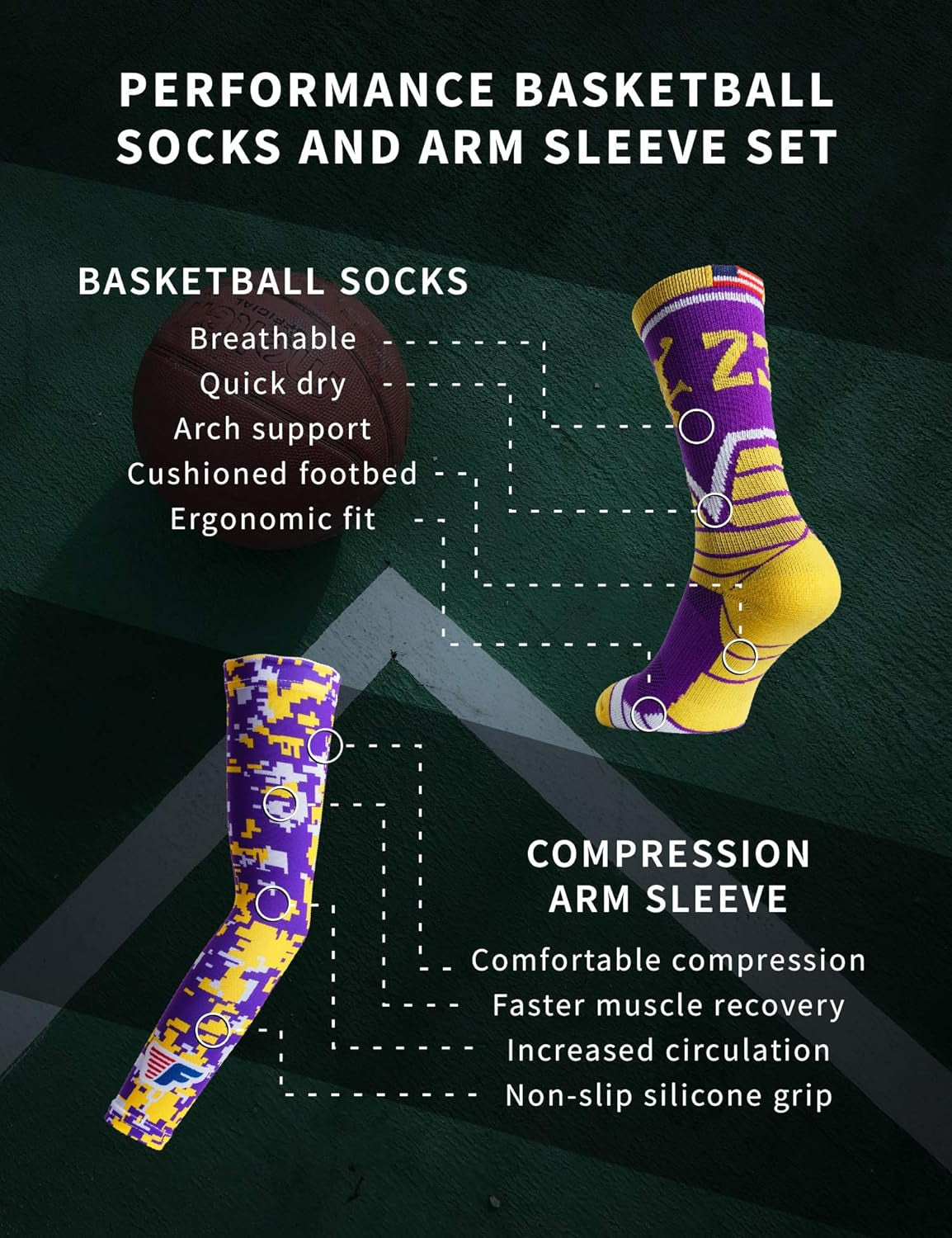 Basketball Socks for Men & Boys Crew Socks with Basketball Arm Sleeve - Made in USA