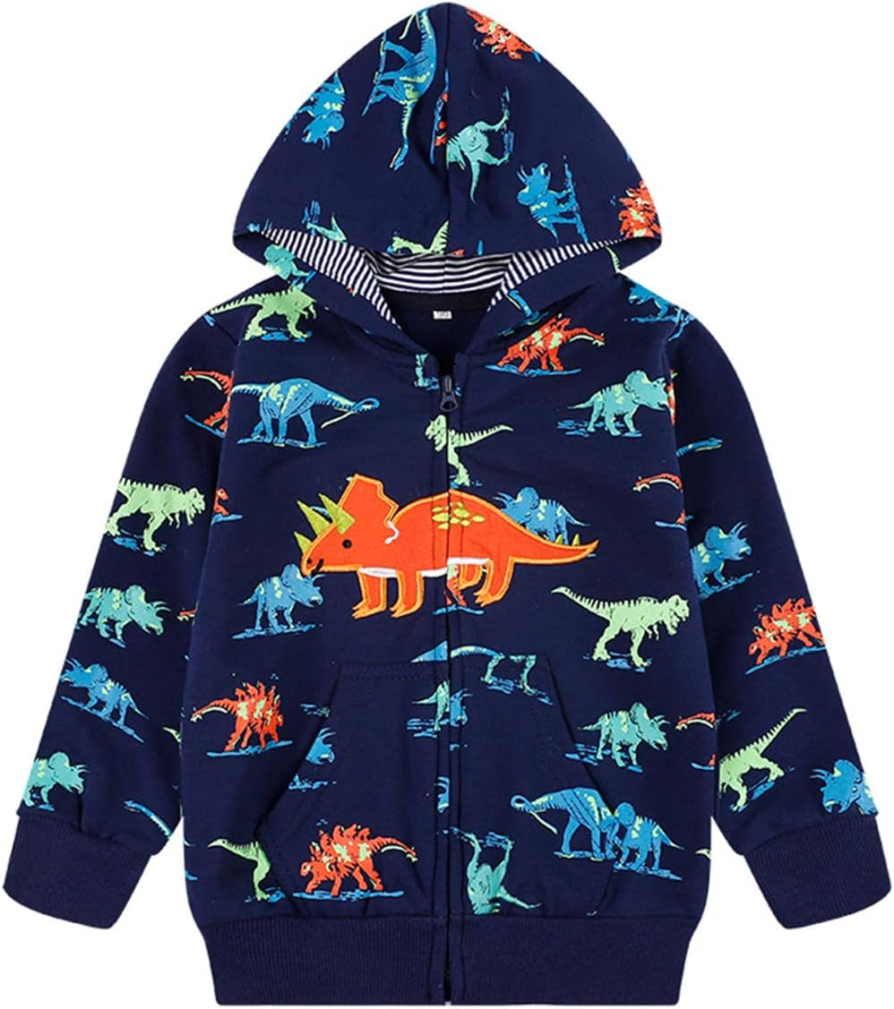 Boys Toddler Cartoon Dinosaur Hoodies Jacket Cool Long Sleeve Zipper Hooded Sport Sweatshirt Coat for Kids 1-7 Years