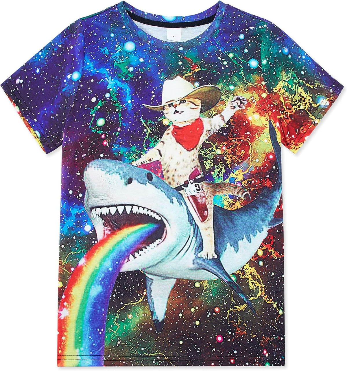Boys Cowboy Cat on Shark Graphic Tees for Kids Cute Outfits Motley Color Fun T-Shirts for Teen Boys Girl Tops Youth Beach Shirts Fit Tee Size 6-8T