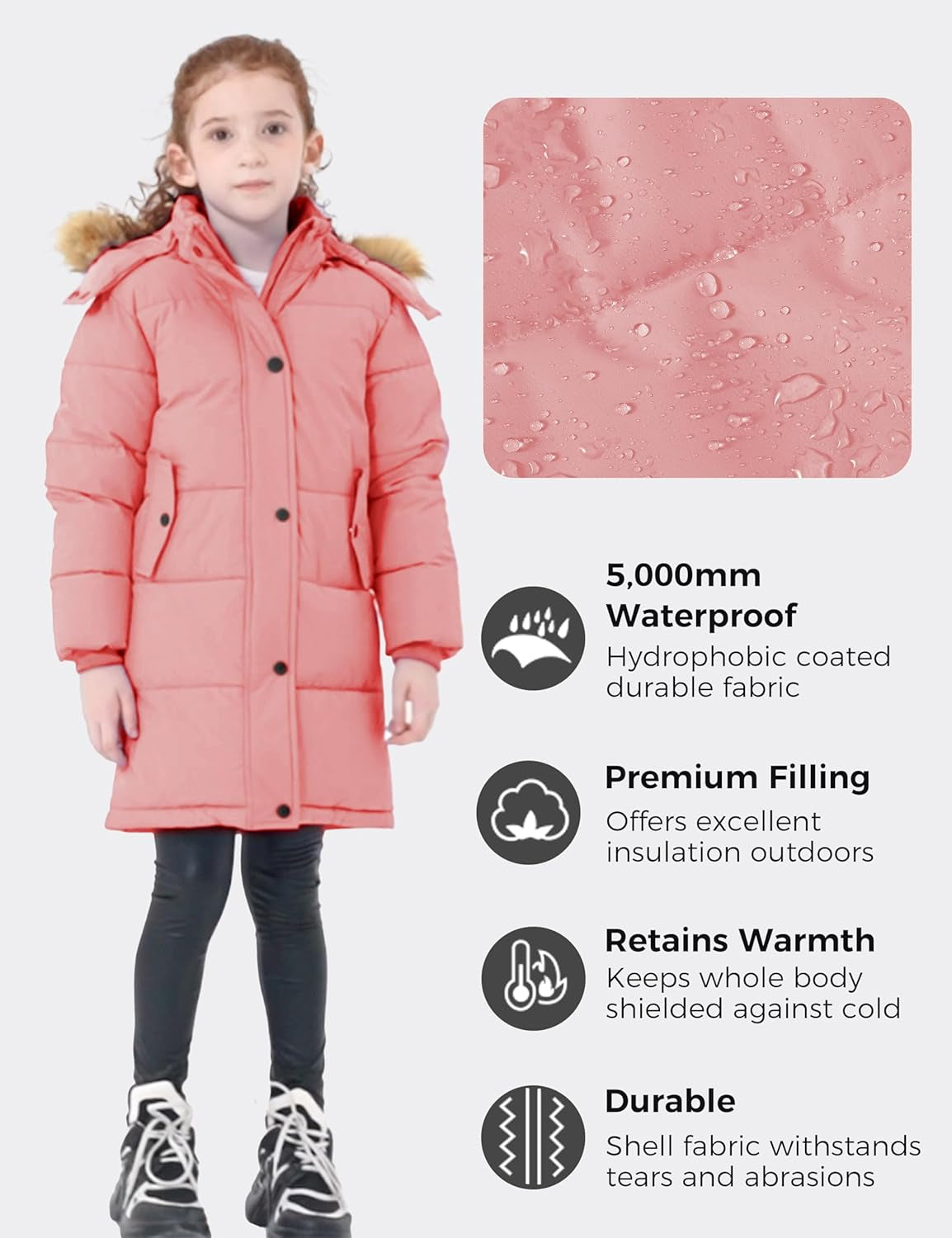 Girls' Waterproof Winter Coat Long Puffer Jacket Warm Parka Hooded